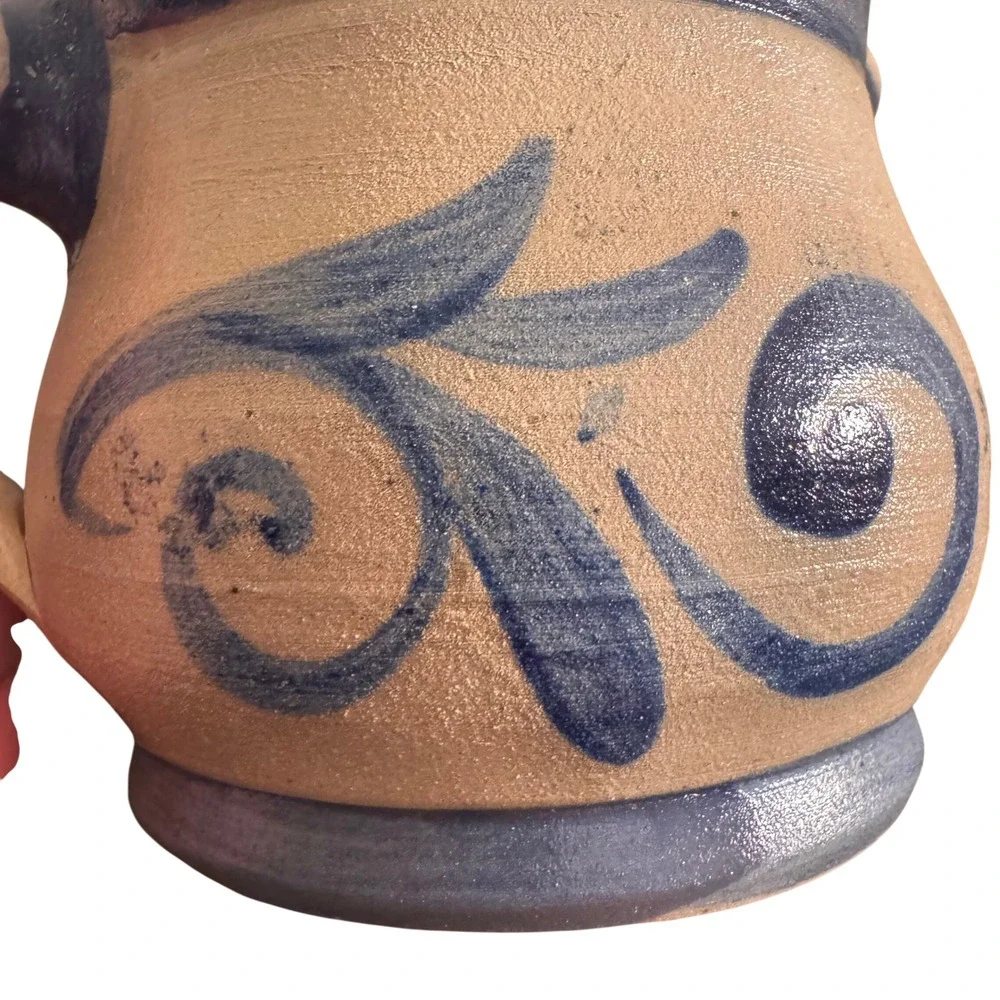 Vintage German Salt Glaze Stoneware Creamer Blue Cobalt Folk Art‎ Floral Pitcher